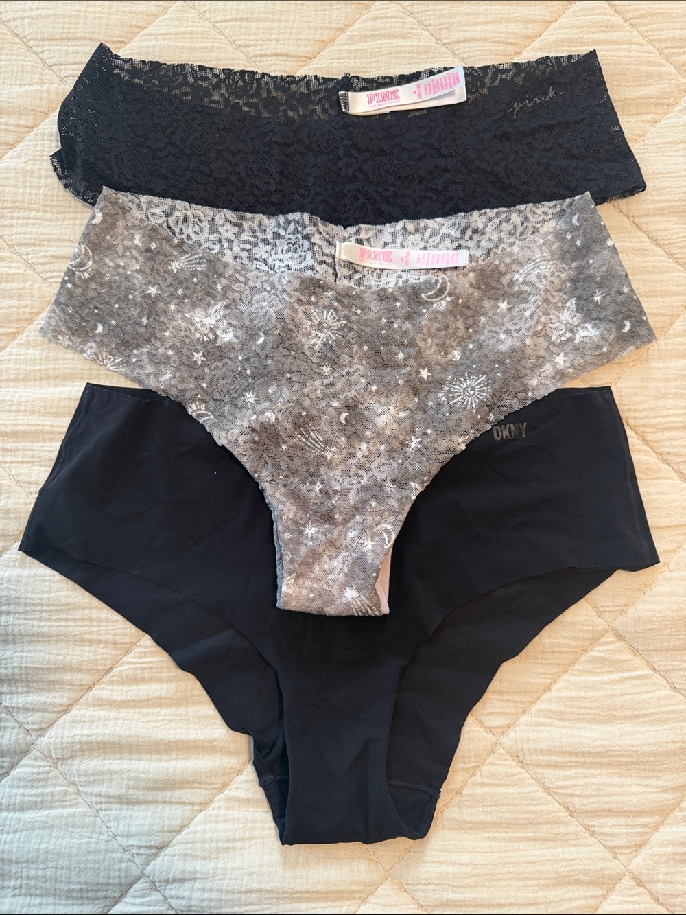 PINK Victoria's Secret Black and Gray Lace & Printed Hipster Panty Trio - Picture 5 of 11
